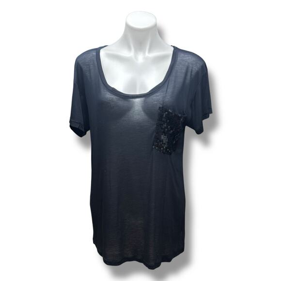 Y2K Express T Shirts 2 Sheer Embellished Pockets Black White Studded Sequins M - Picture 2 of 16